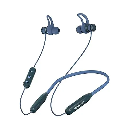 Amazon Basics Bluetooth 5 0 Neckband IPX 6 Rated Up to 42 Hours Playtime Magnetic in Ear Earbuds Voice Assistant Dual Pairing Blue