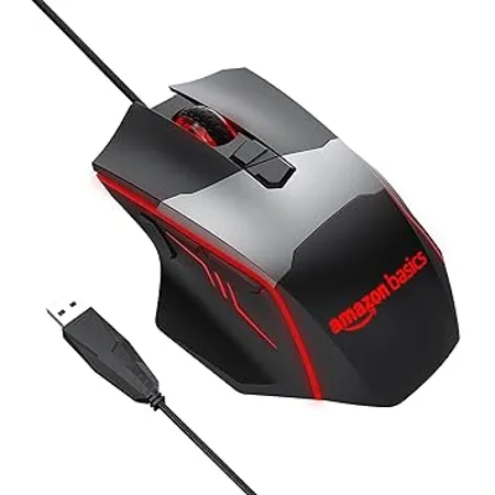 Amazon Basics USB Wired Blue Track and Blue Sensor Ergonomic Gaming Mouse with 7 Programmable Keys 6400 DPI