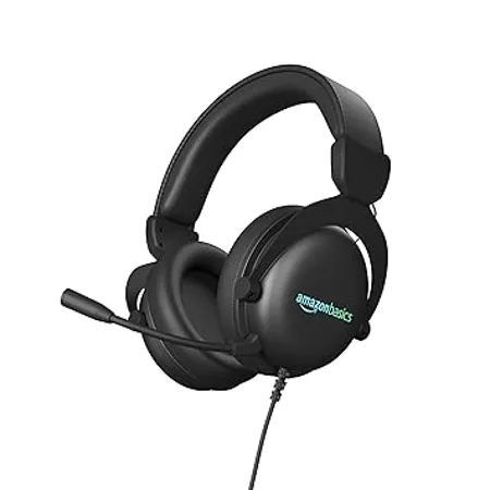 Amazon Basics Wired Over The Ear Gaming Headphones with Mic RGB 7 1 Channel Surround Audio Remote Control Black 