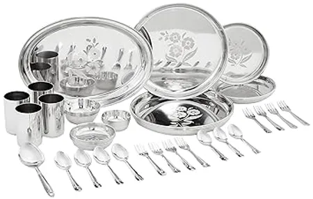 Amazon Brand Solimo 42 Pieces Laser Print Stainless Steel Dinner Set