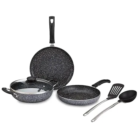 Amazon Brand Solimo 6 Piece Non Stick Cookware Set Granite Finish Induction Base PFOA Free HTR Exterior Coating 25cm Tawa 22 cm Kadai 22cm Fry Pan 1 Glass Lid 2 Nylon Spatulas Grey