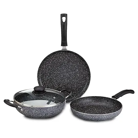 Amazon Brand Solimo Aluminium 4 Piece Non Stick Cookware Set Granite Finish Induction Base Pfoa Free HTR Exterior Coating 25Cm Tawa 22 Cm Kadai 22Cm Fry Pan 1 Glass Lid Grey