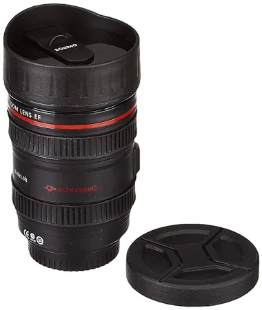 Amazon Brand Solimo Camera Lens Shaped Coffee Mug with 2 Lids Black Plastic 