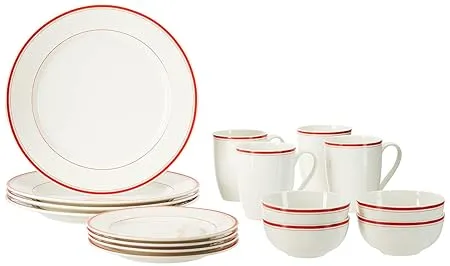 Amazon Brand Solimo Ceramic 16 Piece Dinner Set 4 Dinner Plates 4 Quarter Plates 4 Mugs 4 Small Bowls Red Strip Design