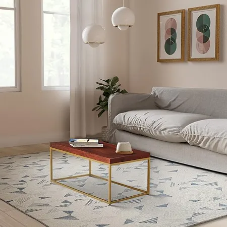 Amazon Brand Solimo Cousta Rectangular Coffee Table Solid Mango Wood Iron Honey Finish 