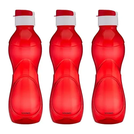 Amazon Brand Solimo Iceberg Plastic Water Bottles with Flip Top Cap Virtually Leakproof Ergonomic Lightweight Set of 3 975 Ml Each Red 