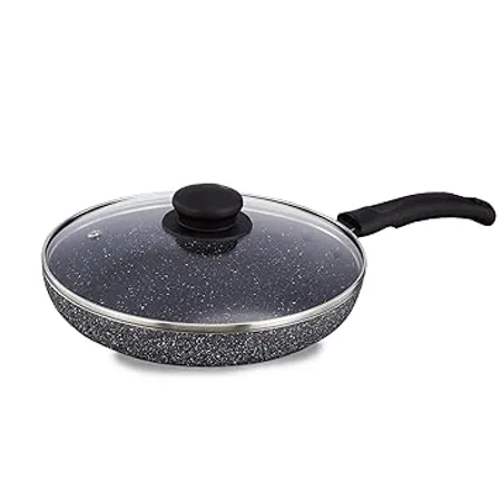 Amazon Brand Solimo Non Stick Fry Pan with Glass Lid Granite Finish Induction Base PFOA Free High Temperature Resistant Exterior Coating 22 cm Grey