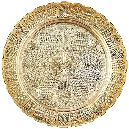 Amazon Brand Solimo Puja Thali Bhog Thali for Worship Flower Engraved Design Brass Gold Colour 5 Inches 