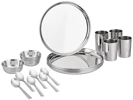 Amazon Brand Solimo Stainless Steel Heavy Gauge Dinner Set 24 Pcs Mirror Finish I Bhojan Thali Set I Dinnerware Set for Kitchen I Dishwasher Safe