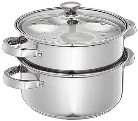 Amazon Brand Solimo Stainless Steel Idli Cum Modak Maker with Glass lid Induction base 20cm 3L 