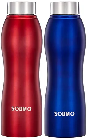 Amazon Brand Solimo Water Bottle Spill Proof Ergonomic Safe For Refrigerator Freezer And Dishwasher Stainless Steel Set Of 2 1 Red And 1 Blue 1 liter