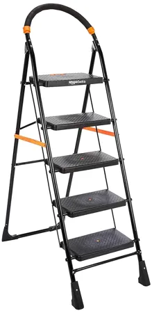 AmazonBasics Clamber Foldable Step Ladder Safety Clutch Lock Ribbed Steps Knee Guard Non Marring PVC Shoes 5 Steps Steel Black Orange 