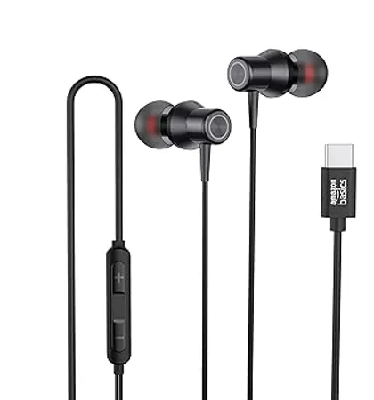 AmazonBasics EP2 in Ear Type C Wired Earphones with Mic Tangle Free 1 18 Metre Cable Metallic Design 10mm Drivers in Line Mic Volume Controller Black 