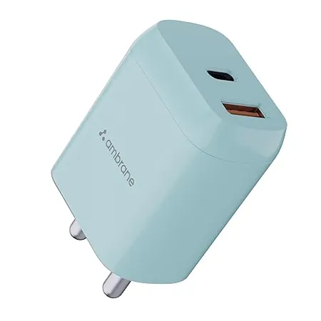 Ambrane 20W Dual Output Fast Charger Adapter with QC PD Technology for iPhone Android Other Devices Made in India Multi Layers Protection Compact Size RAAP H11 Blue 