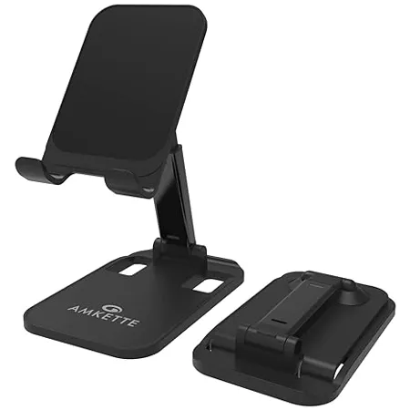 Amkette Ergo Desk Phone Holder Foldable Mobile Stand with Height Adjustable Design and Anti Slip Silicone Grips for Office and Home use Compatible with Smartphones and Tablets Black 