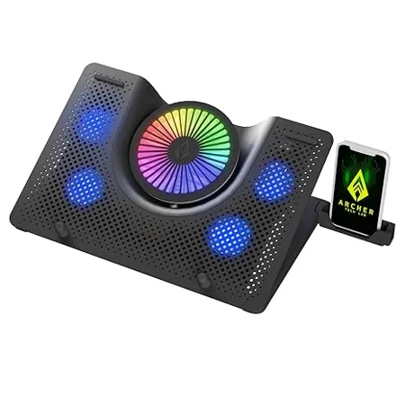 Archer Tech Lab Squall 100 RGB Gaming Laptop Cooling Pad with Aluminium Metal Grid 5 Turbo Fans Powered by USB Port 5 Adjustable Angles 2 Place Adjustable Phone Holder Supports up to 17 Laptop 