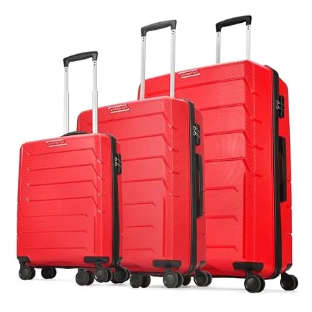 Aristocrat Chroma Set of 3 Hard Luggage 55 65 75cm Cabin Medium and Large Check in Luggage Robust Construction with Strong Wheels Rust Free Trolley Secured Zip and Combination Lock Red