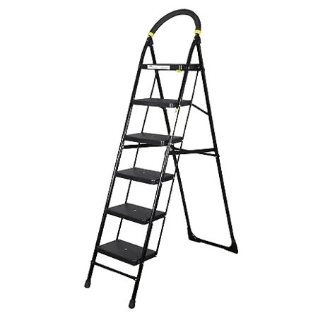 Asian Paints TruCare Home Ladder Foldable with 6 Slip Resistant Steps 5 Year Warranty Durable Heavy Duty Anti Skid Steel Ladder Guard Rail for Safety 6 Steps Black 