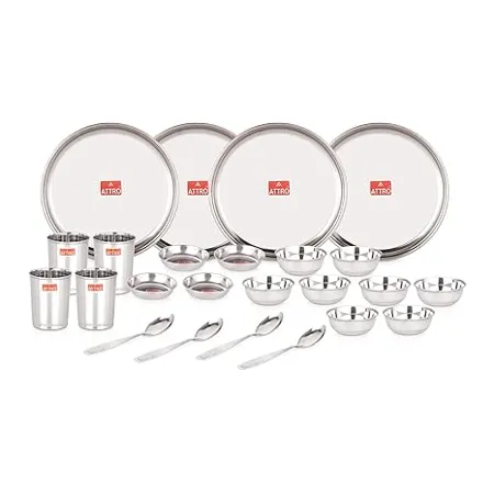 Attro 24 Pieces Smart Stainless Steel Dinnerware Dinner Set 4 Thali 4 D Plate 8 Bowl 4 Glass 4 Spoon Kitchen Set for Home Restaurants Family Silver