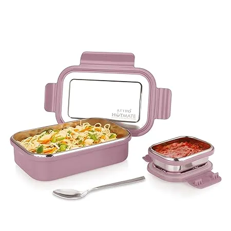 Attro Hotmate Stainless Steel Insulated Airtight Leak Proof Lunch Box Unbreakable Lid Snacks Tiffin for Kids Light Weight Easy Clean for Office School Picnic Travelling 800 ml Pastel Violet