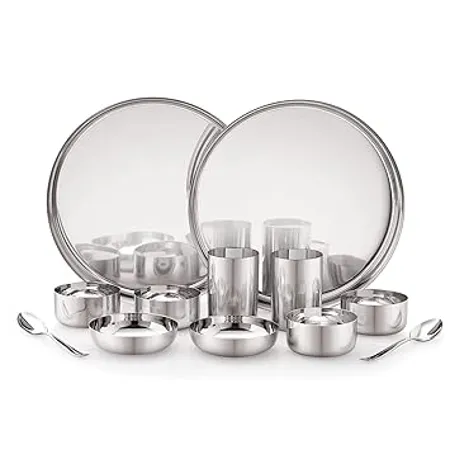 Attro Stainless Steel Bhojan Set of 2 Thali 2 Plate 4 Bowl 2 Glass 2 Spoon Thali Diameter 29 cm Set of 12 Silver Standard