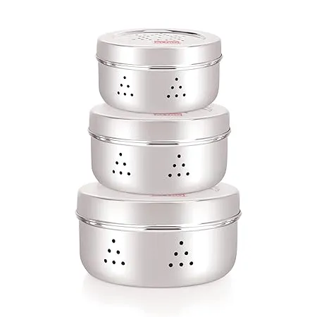 Attro Stainless Steel Hole Dabba with Air Ventilation Food Storage Containers Puri Dhaniya Sprout Maker Dryfruits Chocolates Set of 3 Silver