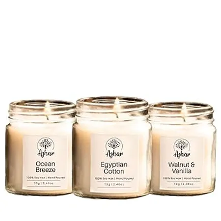 Azhar Scented Candles Pack of 3 Unique Fragrances Premium Glass Jar 10 12 Hours of Burn Time Candles for Home Decor Luxury Gift for All Occasions 210gm