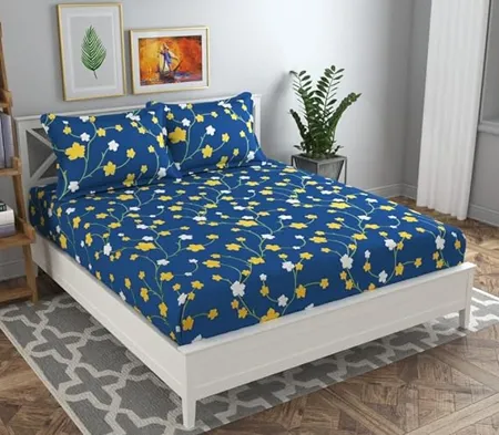 BSB HOME 120 TC Double Abstract Floral Bedsheet with 2 Pillow Covers 110 GSM Soft Brushed Microfiber Breathable Wrinkle Free 86 X 88 Inch Dark Blue Yellow White Aspire Collections
