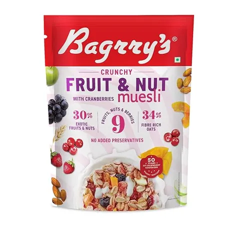 Bagrry s Crunchy Muesli With 30 Fruit Nut Cranberries 375gm Pouch 34 Fibre Rich Oats No Sugar infused Fruits Real Fruits Breakfast Cereal Protein Rich Cranberry Muesli