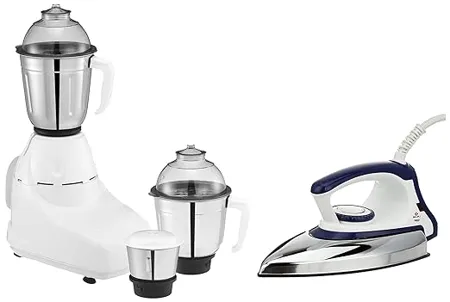 Bajaj GX 8 750W Mixer Grinder with Nutri Pro Feature 3 Jars White Majesty DX 11 1000W Dry Iron with Advance Soleplate and Anti bacterial German Coating Technology White and Blue