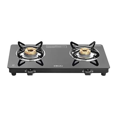Bajaj Ucx 2 Burner Slim Glass Top Gas Stove Slim Frame Glass Cooktop 2 Brass Burners 360 Degree Swivel Nozzle Stainless Steel Drip Tray Black Open