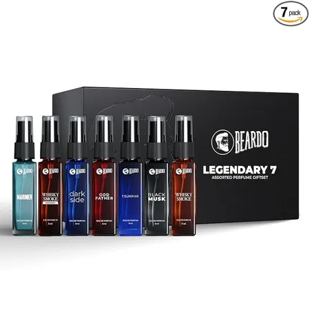 Beardo Legendary 7 Assorted Perfume Gift Set for Men 7X8ml with Long Lasting Fragrances Travel Pack with Mariner Whisky Smoke Dark Side God Father Tsunami Black Musk