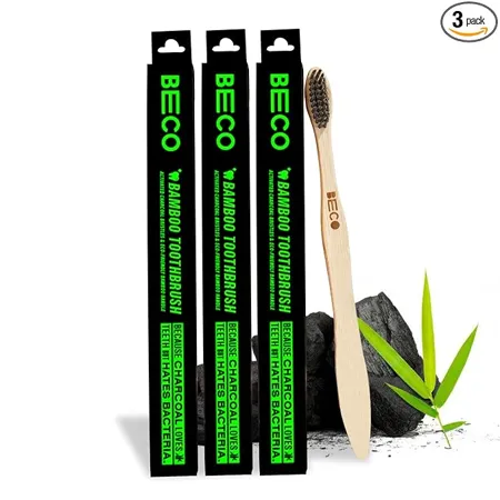 Beco Compostable Bamboo Toothbrush with Ultra Soft Charcoal activated Bristles 100 Natural Eco Friendly Pack of 3 