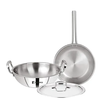 Bergner Tripro Triply Stainless Steel 3 Pc Cookware Set 24 cm Indian Wok Kadai with Lid 22 cm Frypan Even and Fast Heating Induction Bottom Gas Ready Silver