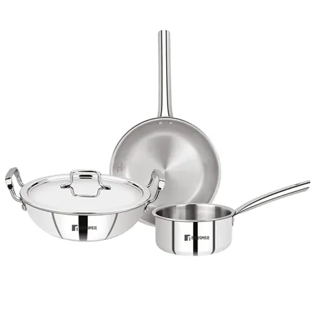 Bergner Tripro Triply Stainless Steel 4 Pc Cookware Set 24 cm Indian Wok Kadai with Lid 22 cm Frypan 16 cm Tea Pan Even and Fast Heating Induction Bottom Gas Ready Silver
