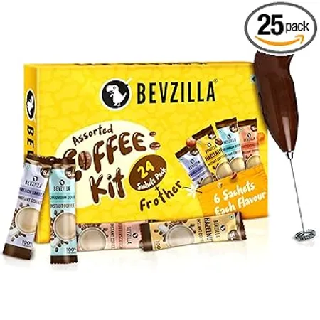 Bevzilla 24 Flavoured Coffee Sachets Frother Coffee Kit 24 X 2 Gram Sachets Makes 24 Cups 6 Sachets Each Flavour Turkish Hazelnut Colombian Gold French Vanilla English Butterscotch 100 Arabica Coffee