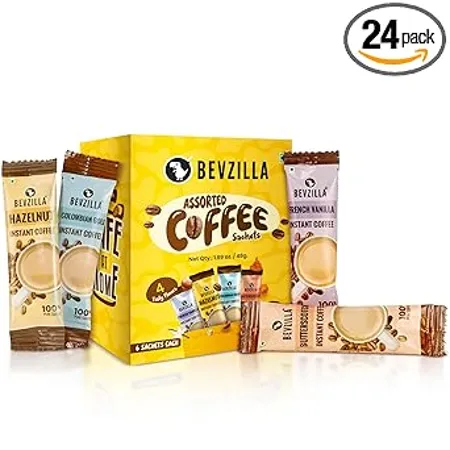 Bevzilla 24 Instant Coffee Powder Sachets 24 X2 Gram Turkish Hazelnut Colombian Gold French Vanilla English Butterscotch 6 Sachets Each Flavour Makes 24 Cups 100 Arabica Coffee Strong
