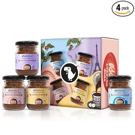 Bevzilla 50 Grams X 4 Flavoured Instant Coffee Powder Pack Box of Colombian Gold Turkish Hazelnut French Vanilla English Butterscotch Strong Coffee 100 Arabica Instant Coffee