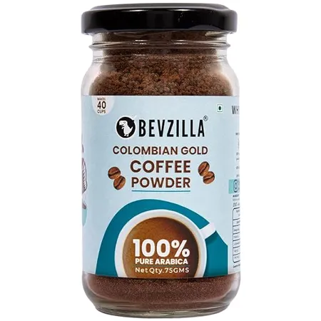 Bevzilla Instant Coffee Powder Colombian Gold 75 Grams 100 Premium Arabica Beans Hot Cold Coffee Makes 40 Cups Strong Coffee Flavoured Coffee Best Coffee Premium Coffee Dark Roast Instant Coffee