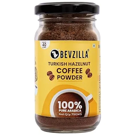 Bevzilla Instant Coffee Powder Turkish Hazelnut Flavour 75 Grams 100 Premium Arabica Beans Hot Cold Coffee Makes 40 Cups Strong Coffee Flavoured Coffee Glass Jar