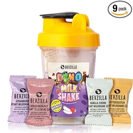 Bevzilla Instant Milkshake Cubes Bottle Pack With 8 Milkshake Cubes 2 Cubes Each Flavour Strawberry Butterscotch Choco Hazelnut Vanilla Creme Flavour BPA Free Shaker 500 Ml Leak Proof