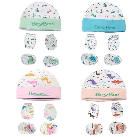 BeyBee Cotton Mittens and Booty Combo for New Born Baby Set of 4 for 0 6 Months Boys and Girls Unisex Booty Set Gift for Baby Multicoloured Gloves and Socks 4 Colors