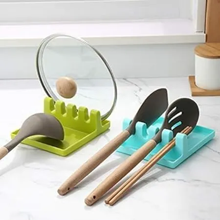 Black Olive 4 Slot Kitchen Cooking Utensil Stand Multifunction Kitchen Cooking Utensil Plastic Stand Holder Pot Clips Support Spoon Stove Organizer Tool Pan Cover Lid Rack