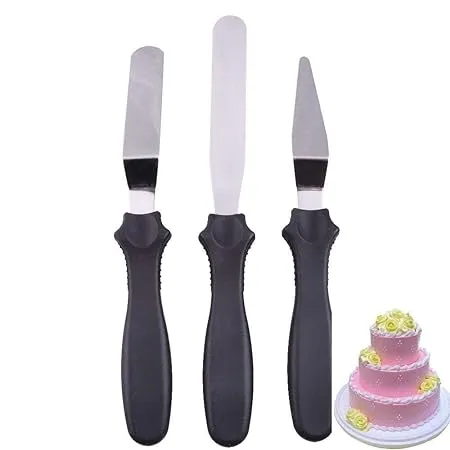 Black Olive Professional Offset Spatula Set with Plastic Handle 3 Piece Stainless Steel Icing Spatula Variety Set Cake Decorating Tools Flexible Resistant Blades 2 Angled and 1 Straigh