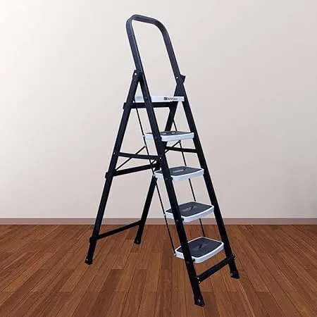BonKaso Premium Alloy Steel Heavy Duty Multipurpose Foldable 5 Step Ladder with Connecting Frame Belt Support for Home and Outdoor Matte Black White 
