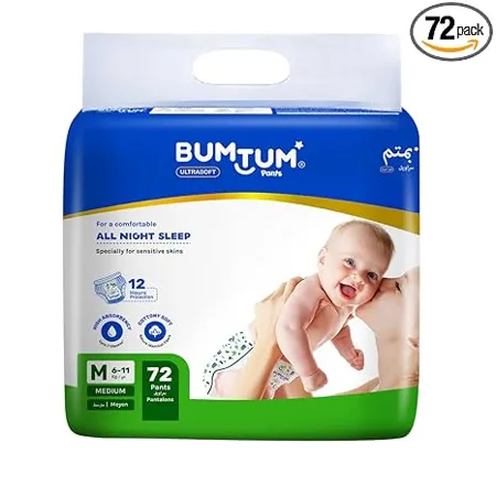 Bumtum Baby Diaper Pants Medium Size 72 Count Double Layer Leakage Protection Infused With Aloe Vera Cottony Soft High Absorb Technology Pack of 1 