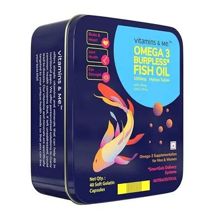 Burpless Fish Oil with Omega 3 by Vitamins Me Burp Free Omega 3 Fish Oil 180 mg EPA 120 mg DHA Ideal for Men and Women Healthy Heart Support 1000 mg Omega 3 40 Soft Gelatin Capsules 