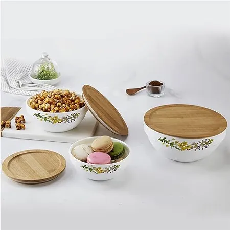 CELLO Opalware Royale Mixing Bowl Set with Bamboo Lid Botanica 500ml 1000ml 1500ml White 3 Units
