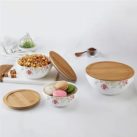 CELLO Opalware Royale Mixing Bowl Set with Bamboo Lid Cascade 500ml 1000ml 1500ml White 3 Units