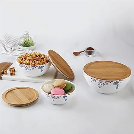 CELLO Opalware Royale Mixing Bowl Set with Bamboo Lid Helena 500ml 1000ml 1500ml White 3 Units